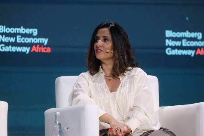 Lamia Tazi seated on stage during an international economic forum panel on Africa
